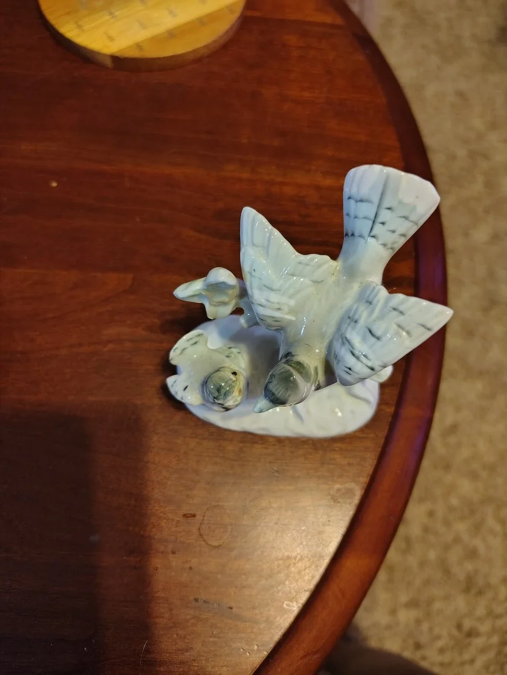 Vintage Japan Blue Jay And Baby Ceramic Bird Figurine in Pale Green -